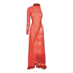 Roberta Einer Crimson Red Sheer Knit Maxi Dress with Ruffle Neck